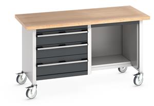 Bott Cubio Mobile Storage Workbench 1500mm wide x 750mm Deep x 840mm high supplied with a Multiplex (layered beech ply) worktop, 3 x Drawers... 1500mm Wide Storage Benches